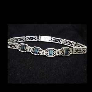 Vintage Art Deco Sterling Silver and Glass Filigree Bracelet